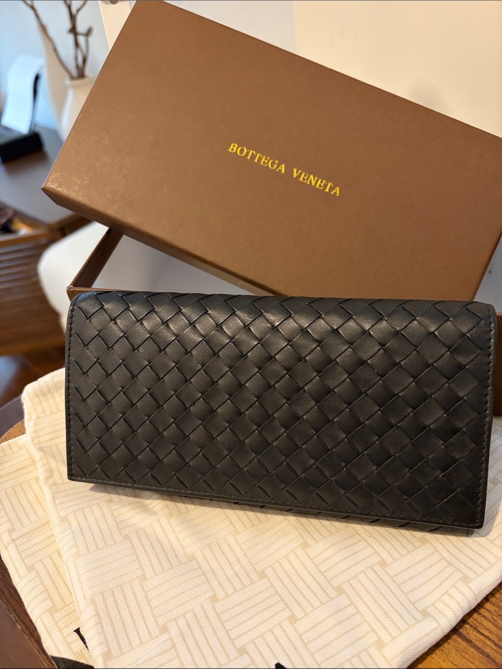 Bottega Veneta Black Intrecciato Woven Leather Long Wallet